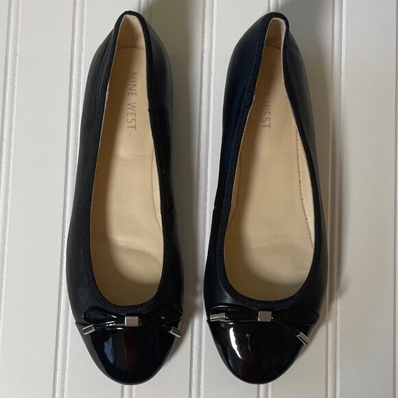 Nine West Jolee Women Cap Toe Ballet Flat 8M Black Leather Round Toe Slip-On Bow - Picture 3 of 10